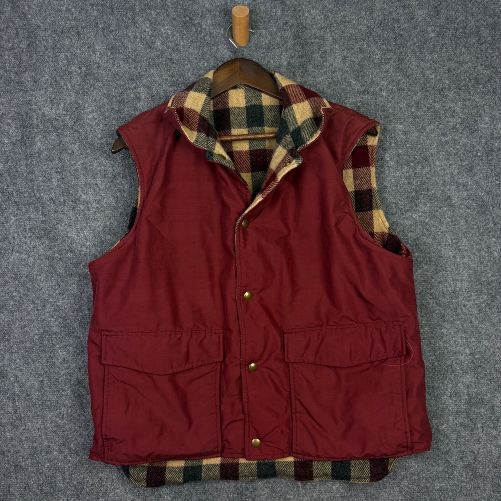 Woolrich Vest Mens L Red Reversible Plaid Wool Blend Made in USA Hunting Outdoor